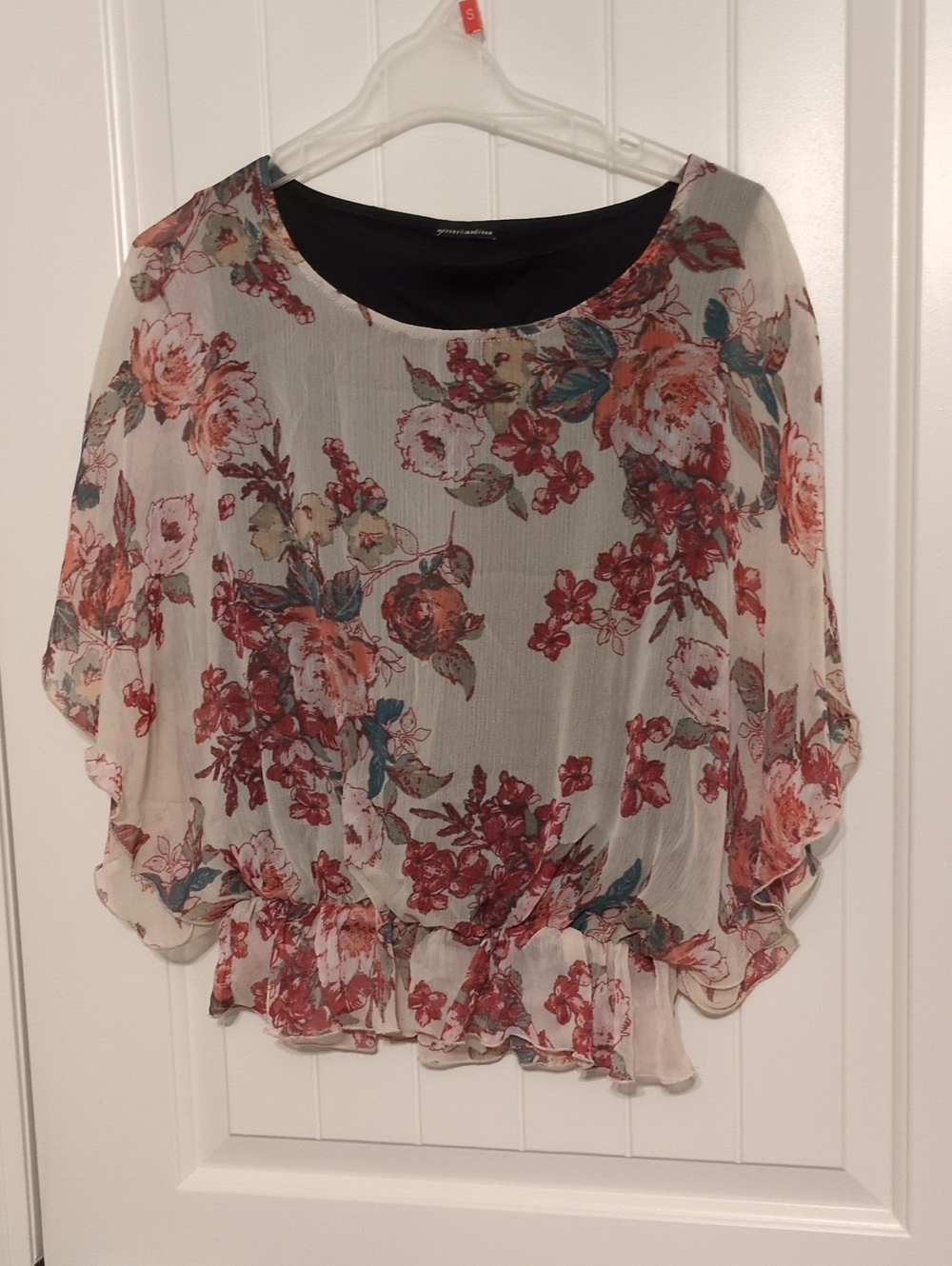 mercer & madison Cream Sheer Floral Ruffle-Hem Tunic with Red and Green Accents